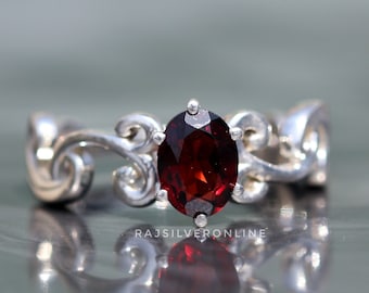 Anillo de granate natural, anillo de plata de ley 925, anillo hecho a mano, anillo de diseño de plata, anillo de bodas, joyería de granate rojo, regalo de aniversario para ella