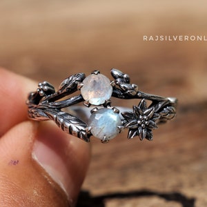 Moonstone & Labradorite Ring, 925 Sterling Silver Ring, Silver Flower Ring, Wedding Ring, Handmade Ring, Branches Ring, Dainty Gift For Her