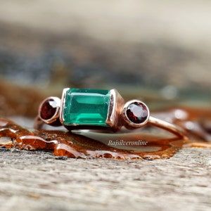 Bague en argent sterling 925 avec quartz émeraude et grenat, anneau fait main avec trois pierres précieuses