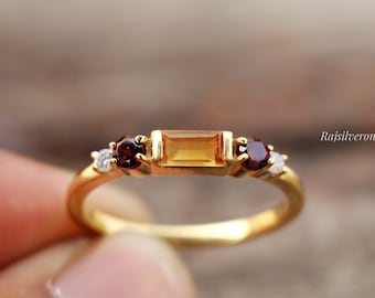 Citrine and Garnet Ring: 925 Sterling Silver Gold Plated Jewelry, Handmade Solitaire Band