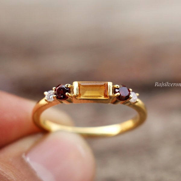 Citrine & Garnet Ring, 925 Sterling Silver Ring, Handmade Ring, Silver Gemstone Ring, Wedding Gifts, Gold Vermeil Ring, Promise Ring For Her