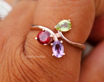 Amethyst, Garnet, Peridot Ring, 925 Sterling Silver Ring, Three Stone Solitaire, Handmade Engagement Ring, Wedding Ring, Dainty Gift For Her