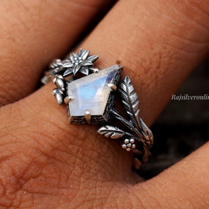Moonstone Twig Ring: Handmade Sterling Silver Nature Inspired Ring, Kite Shape Gemstone Jewelry