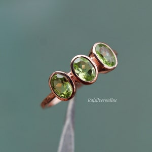 Peridot Ring, 18k Rose Gold Plated 925 Sterling Silver Ring, Three Stone Ring, Engagement Ring, Wedding Ring, Stacking Ring Gift For Women