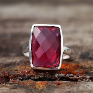 Ruby Quartz Ring: Handmade Sterling Silver Ring, Big Checkered Cut Gemstone Jewelry