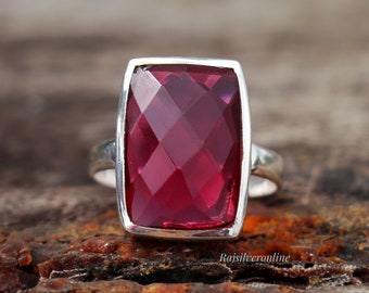 Ruby Quartz Ring: Handmade Sterling Silver Ring, Big Checkered Cut Gemstone Jewelry