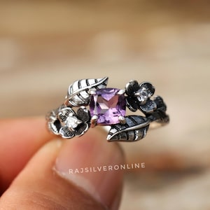 Amethyst Ring: Sterling Silver Flower & Leaves Design Band, Nature Inspired Jewelry, Gift For Her