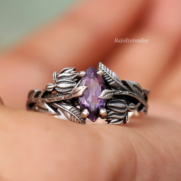 Silver Tree Branch Ring, Flower Ring, Amethyst 925 Sterling Silver Ring, Modern Design Ring, Handmade Ring, Women Wedding Ring, Gift For Her