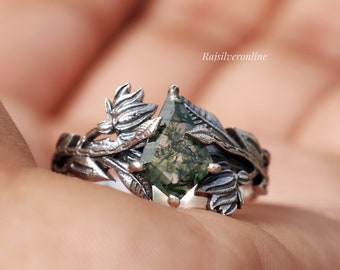 Silver Branches Ring Moss Agate Ring, 925 Sterling Silver Ring, Handmade Nature Inspired Ring, Leaves Ring, Kite Cut Stone Ring Gift For Her