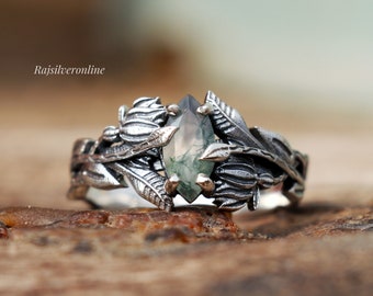 Zilveren takken ring, mos Agaat ring, 925 sterling zilveren ring, handgemaakte natuur geïnspireerde sieraden, bladeren ring, verjaardagscadeau ring voor haar