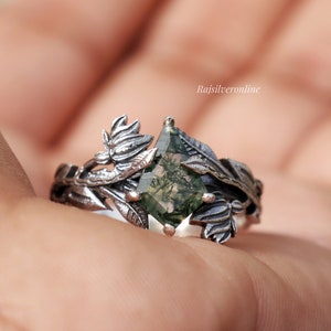 Silver Branches Ring Moss Agate Ring, 925 Sterling Silver Ring, Handmade Nature Inspired Ring, Leaves Ring, Kite Cut Stone Ring Gift For Her