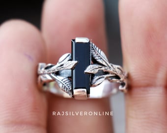 Black Onyx Sterling Silver Ring: Handmade Leaf Branch Jewelry, Nature Inspired Band
