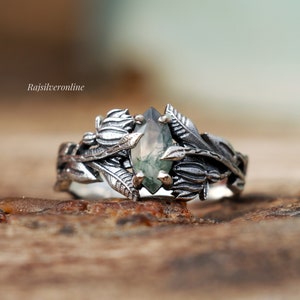 Anillo de ramas de plata, anillo de ágata de musgo, anillo de plata de ley 925, joyería inspirada en la naturaleza hecha a mano, anillo de hojas, anillo de regalo de cumpleaños para ella imagen 1