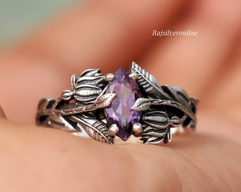 Amethyst Sterling Silver Ring: Handmade Tree Branch Flower Design