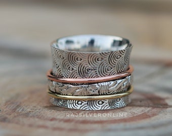 Spinner Ring, Wide Band Ring, 925 Sterling Silver Ring, Mixed Metal Ring, Handmade Textured Band, Meditation Ring, Spinning Band, Thumb Ring