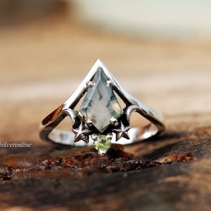 Moss Agate Ring, Kite Shape Stone Ring, 925 Sterling Silver Ring, Star Ring, Handmade Ring, Wedding Ring, Anniversary Jewelry, Gift For Her