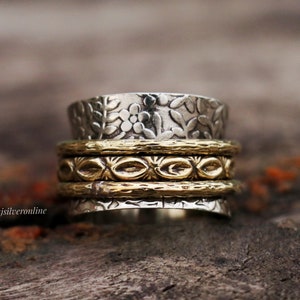 Bague texturée fleur, bague toupie, bague en argent sterling 925, bague bicolore, bague tournante faite main, anneau cadeau d&#39;anniversaire, bague de méditation