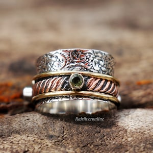 Flower Textured Spinner Ring, Tri Stone Ring, 925 Sterling Silver Ring, Mixed Metal Ring, Spinning Band, Handmade Thumb Ring, Bohemian Rings
