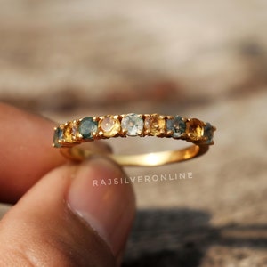Anillo de citrino y ágata musgosa: solitario para mujer en plata de ley bañada en oro de 18 quilates, anillo de bodas con múltiples piedras preciosas.