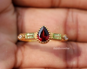 Anillo de granate y peridoto: Plata de ley chapada en oro de 18k, anillo con múltiples piedras preciosas, joyería hecha a mano