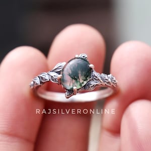 Twig Gemstone Ring, Moss Agate Ring, 925 Sterling Silver, Solitaire Band, Nature Engagement Ring, Tree Bark Ring, Unique Ring, Gift For Her