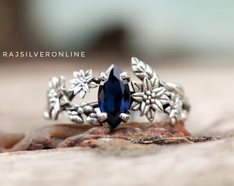 Blue Sapphire Branches Ring: Sterling Silver Flower Band, Nature-Inspired Jewelry, Handmade Wedding Ring