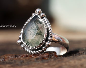 ペアモスアゲートスターリングシルバーリング - 手作りボヘミアン