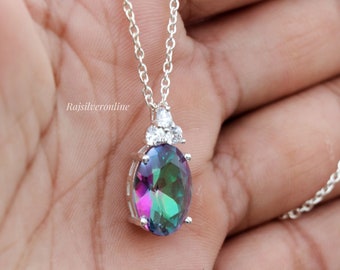 Mystic Topaz Necklace, 925 Sterling Silver Necklace, Handmade Necklace, Oval Stone Pendant, Wedding Jewelry, Mystic Pendant, Gift For Her