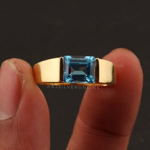 Natural Blue Topaz Ring, Men&#39;s Ring, 18K Gold Plated 925 Sterling Silver Ring, Handmade Ring, Engagement Ring, Wedding Rings, Gift For Him