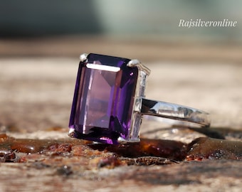 Handmade Emerald Cut Amethyst Ring, Sterling Silver, February Birthstone