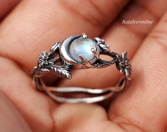 Anillo de piedra lunar de ramas de plata, anillo celestial, anillo de plata de ley 925, anillo único, anillo arco iris hecho a mano, boda, regalo de aniversario ella