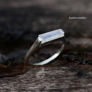 Natural Moonstone Ring, Rectangle Bar Gemstone Ring, 925 Sterling Silver Ring,  Handmade Ring, Wedding Jewelry, White Rainbow, Gift For Her