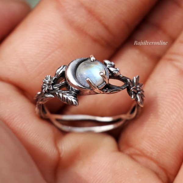 Silver Branches Moonstone Ring, Celestial Ring, 925 Sterling Silver Ring, Unique Ring, Handmade Rainbow Ring, Wedding, Anniversary Gift Her