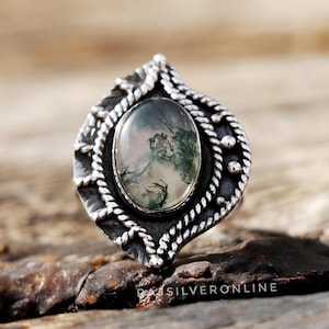 Anillo de ágata musgosa natural, anillo de plata de ley 925, anillo de diseño artesanal hecho a mano, anillo de plata con piedras preciosas, anillo para uso diario, regalo de bodas para ella