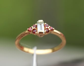 Aquamarine & Garnet Ring: Engagement 18k Gold Plated Sterling Silver Band, Handmade Solitaire Ring