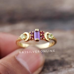 Amethyst Garnet Peridot Ring: 18k Gold Plated Sterling Silver, Solitaire Engagement Band
