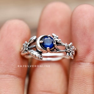 Blue Sapphire Sterling Silver Leaves Ring: Handmade Floral Wedding Jewelry, Gift For Her