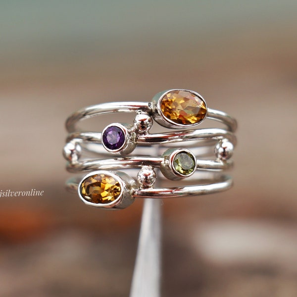 Handmade Wire Wrap Sterling Silver Tricolor Stone Ring: Citrine, Peridot, Amethyst Bands, Stackable Jewelry