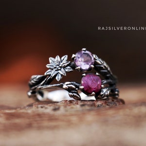 Silver Flower Ring, Amethyst And Indian Ruby Ring, 925 Sterling Silver Ring, Unique Design Ring, Floral Ring, Artisanal Ring, Gift For Women
