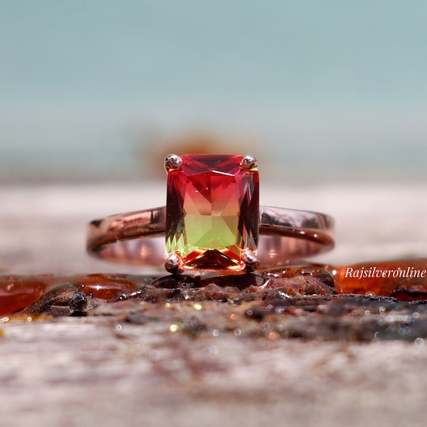 Watermelon Tourmaline Ring, 18k Rose Gold Plated, 925 Sterling Silver, Bi Color Ring, Doublet Quartz Ring, Handmade Faceted Gemstone Ring