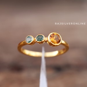 Citrin & Moosachat Ring: Vergoldeter Ring, Sterling Silber Band mit drei Edelsteinen, Hochzeitsschmuck