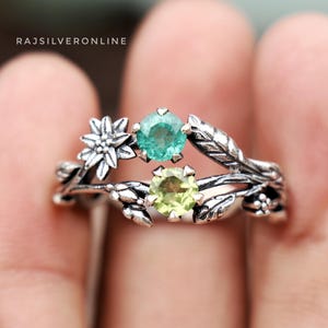 Emerald & Peridot Ring, 925 Sterling Silver Ring, Engagement Ring, Wedding Ring, Silver Branches Ring, Birthday Gift For Her, Stacking Ring