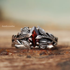 Anillo de granate natural, anillo de rama de árbol de plata, anillo de plata de ley 925, anillo de marquesa, anillo hecho a mano, anillo de bodas, regalo de aniversario para ella