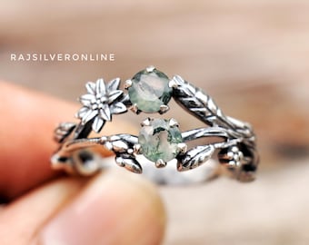 Moss Agate Ring: Sterling Silver Branches Ring, Boho Flower Jewelry, Two Gemstone