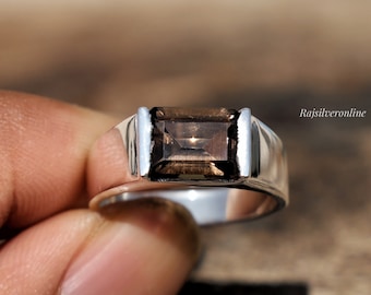 Emerald Cut Smokey Quartz Ring: Handmade 925 Sterling Silver Band, Bohemian Men's Statement Ring