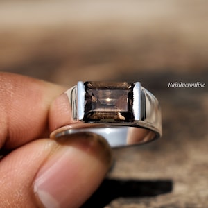 Emerald Cut Smokey Quartz Ring: Handmade 925 Sterling Silver Band, Bohemian Men's Statement Ring