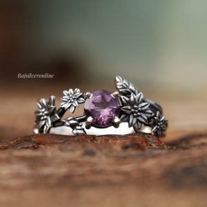 Silver Flower Ring, Amethyst Ring, 925 Sterling Silver Ring, Unique Design Ring, Floral Ring, Wedding Ring, Artisanal Ring, Gift For Women