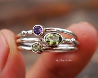 Peridot And Amethyst Ring, Three Band Ring, 925 Sterling Silver Ring, Handmade Stackable Ring, Silver Stone Ring, Anniversary Gift For Her