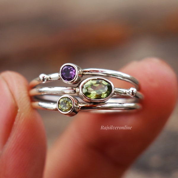 Peridot And Amethyst Ring, Three Band Ring, 925 Sterling Silver Ring, Handmade Stackable Ring, Silver Stone Ring, Anniversary Gift For Her