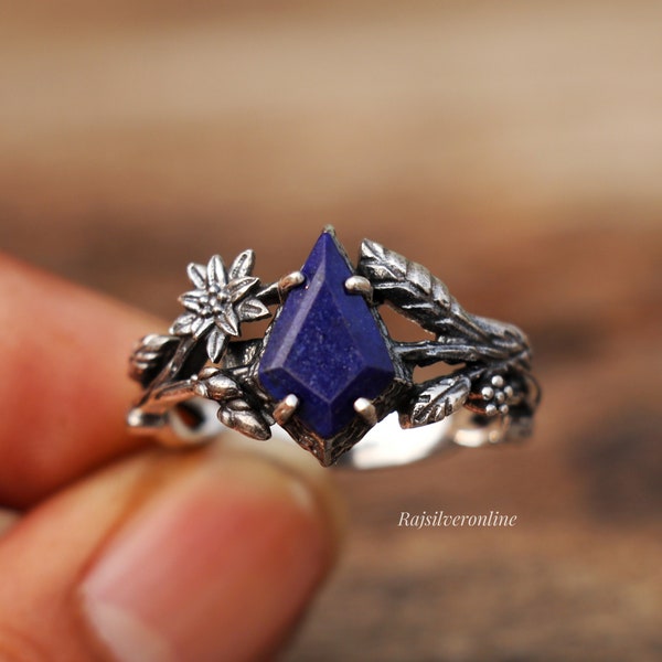 Bague en lapis lazuli, bague en forme de cerf-volant, bague en argent sterling 925, bague faite main, bague design fleur, bague branche d'arbre, cadeau alliance pour elle